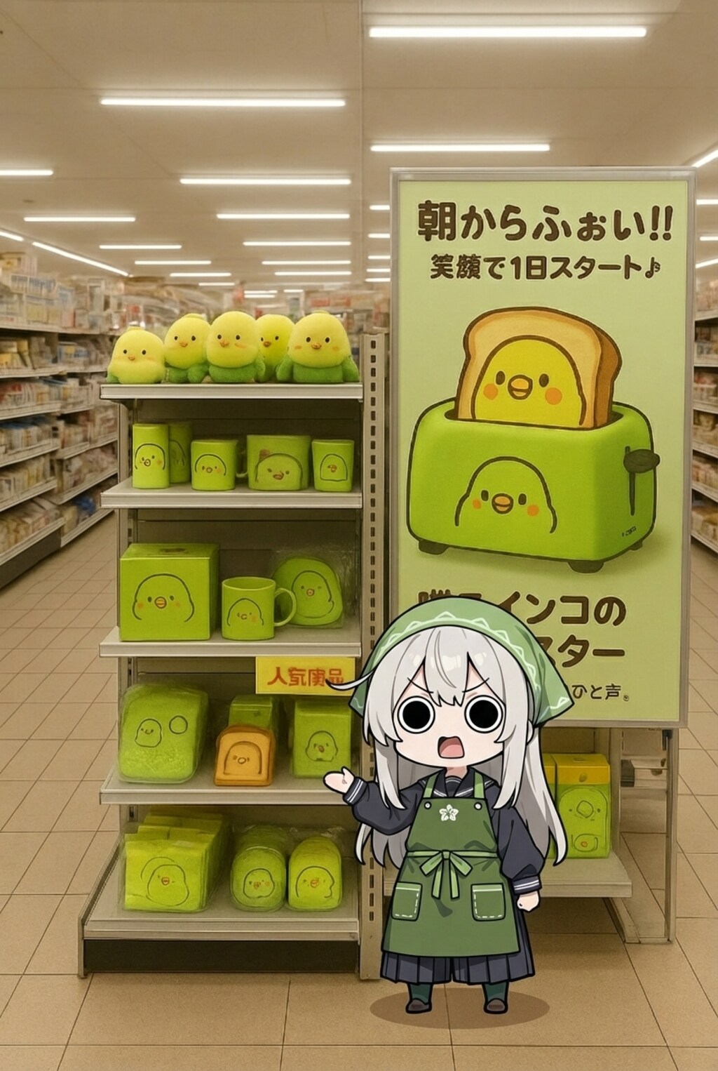 スーパーちちぷいで喋るインコさんのトースターの棚を案内するえらいこっちゃ嬢