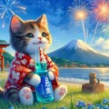 水彩風　キンキンに冷えたラムネを飲む子猫 2枚目