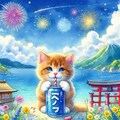 水彩風　キンキンに冷えたラムネを飲む子猫 7枚目