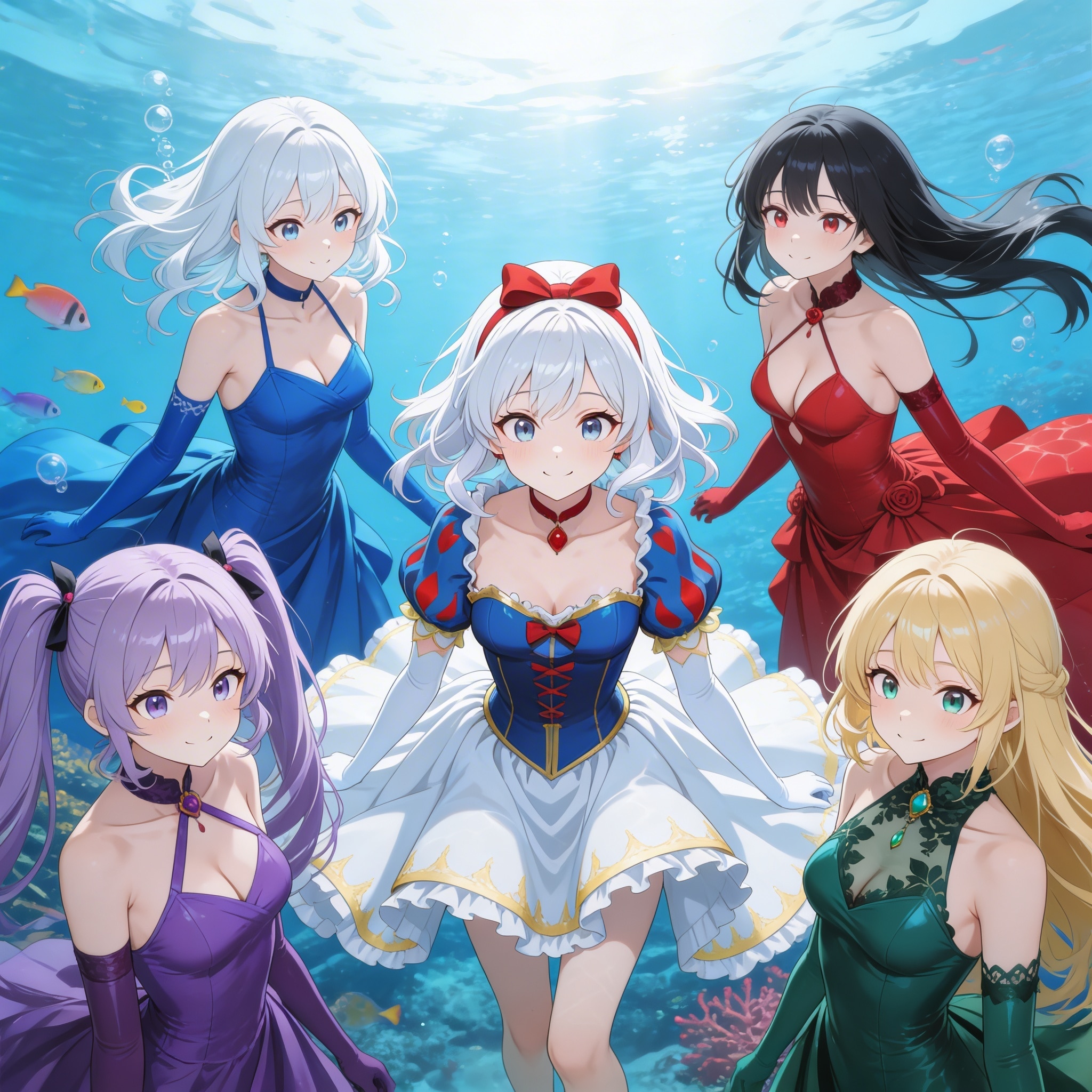 水中詰め合わせ 5色のドレスとエルボーグローブ編 | の人気AIイラスト・グラビア