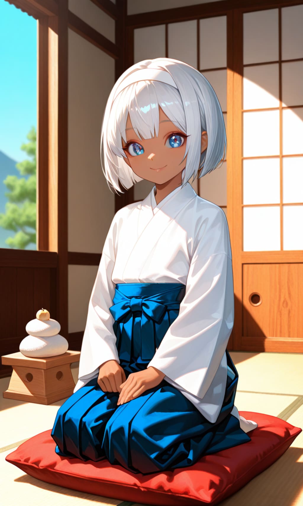 少年と鏡餅