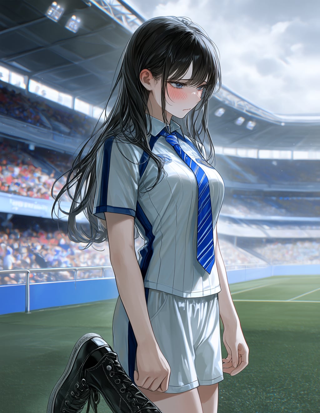 サッカースタジアムにて。哀しい顔の葵さん(PixAI版)