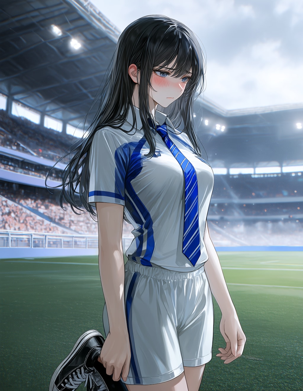 サッカースタジアムにて。哀しい顔の葵さん(PixAI版)
