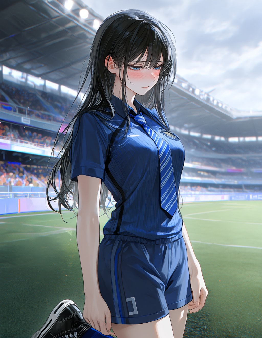 サッカースタジアムにて。哀しい顔の葵さん(PixAI版)