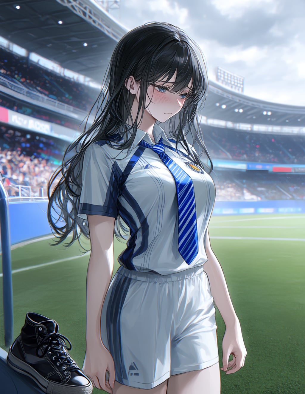 サッカースタジアムにて。哀しい顔の葵さん(PixAI版)