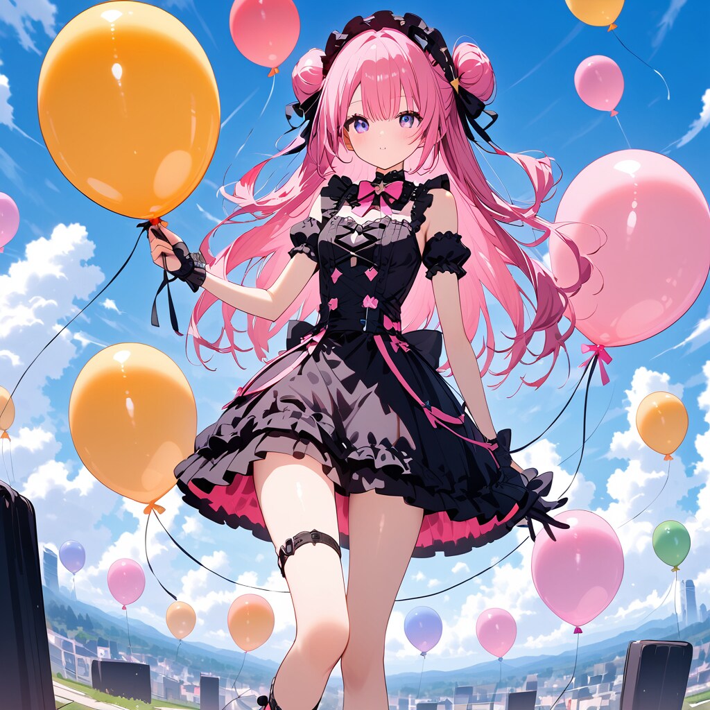 いっぱい風船を膨らませて遊ぶピンク髪ロングのゴスロリ衣装の美少女。 | の人気AIイラスト・グラビア