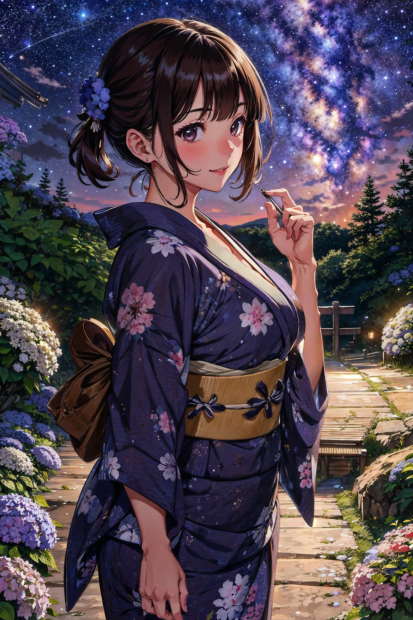 3枚] 天の川と浴衣の少女と紫陽花 | の人気AIイラスト・グラビア