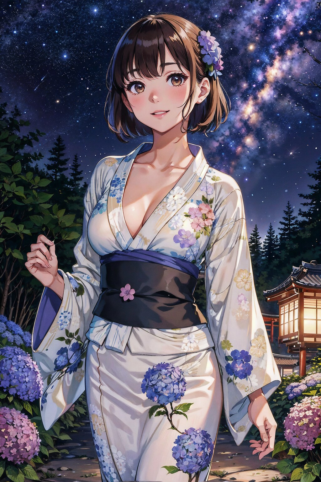 3枚] 天の川と浴衣の少女と紫陽花