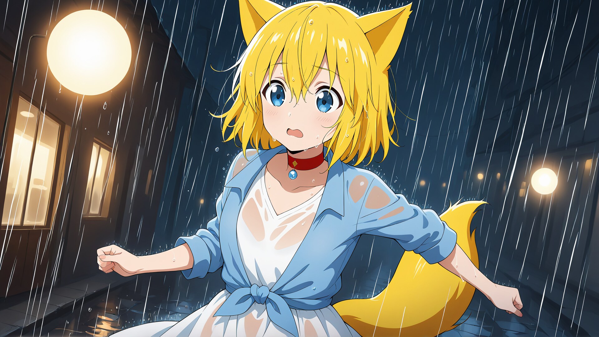 夜の散歩をしていたら急に空が泣き出したように激しい雨に降られてしまいびっくりして慌てて走り出したものの傘もなくて全身びしょ濡れになりながら雨宿りできる場所を探して… | の人気AIイラスト・グラビア