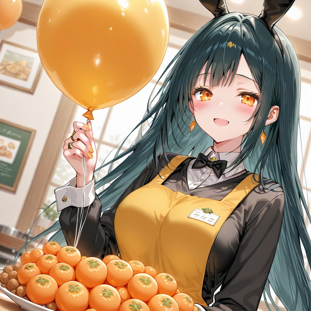 オレンジの風船を持つ黒髪ロングのファミリーレストランの美女店員さん。