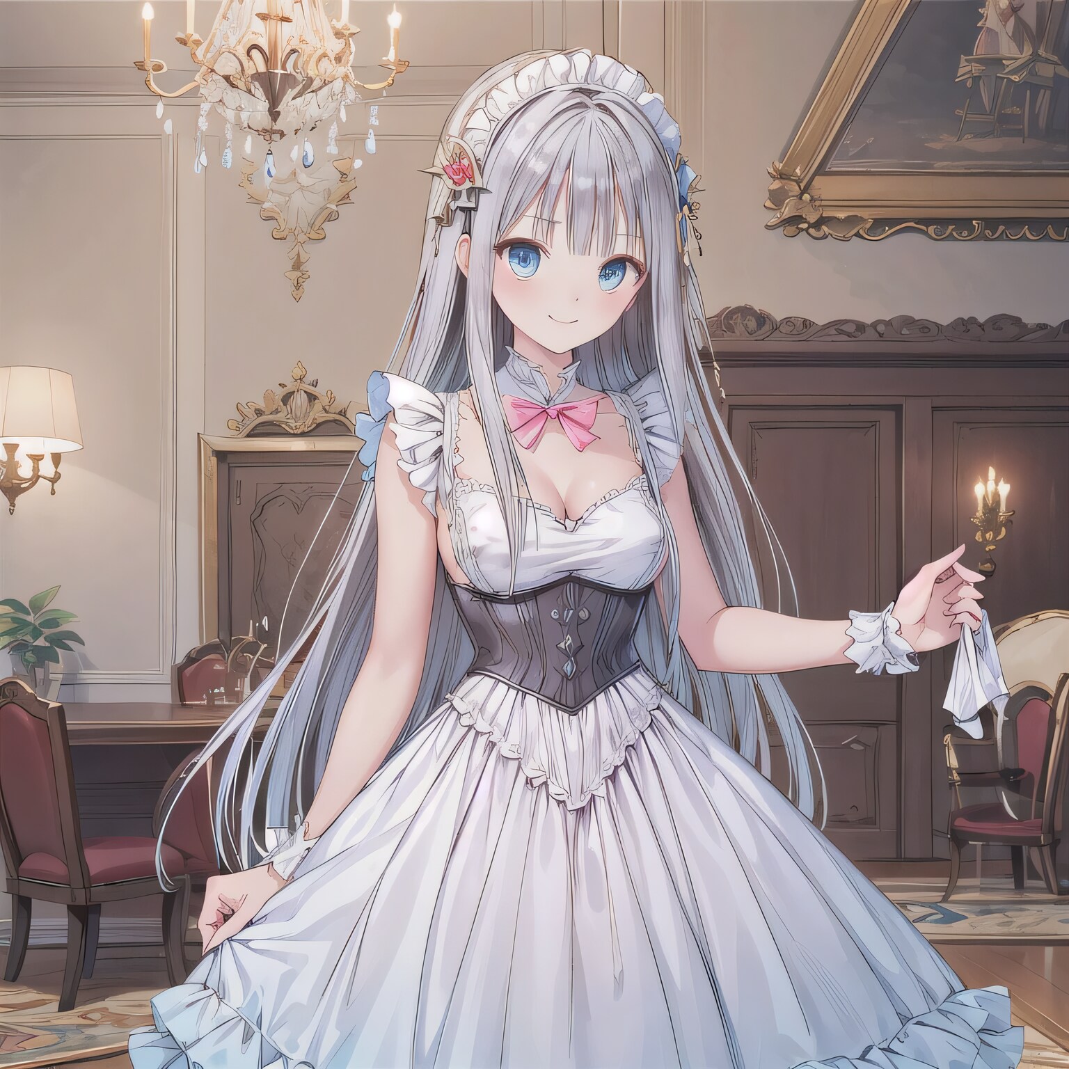 銀髪ロングでメイド服の少女２１ | の人気AIイラスト・グラビア