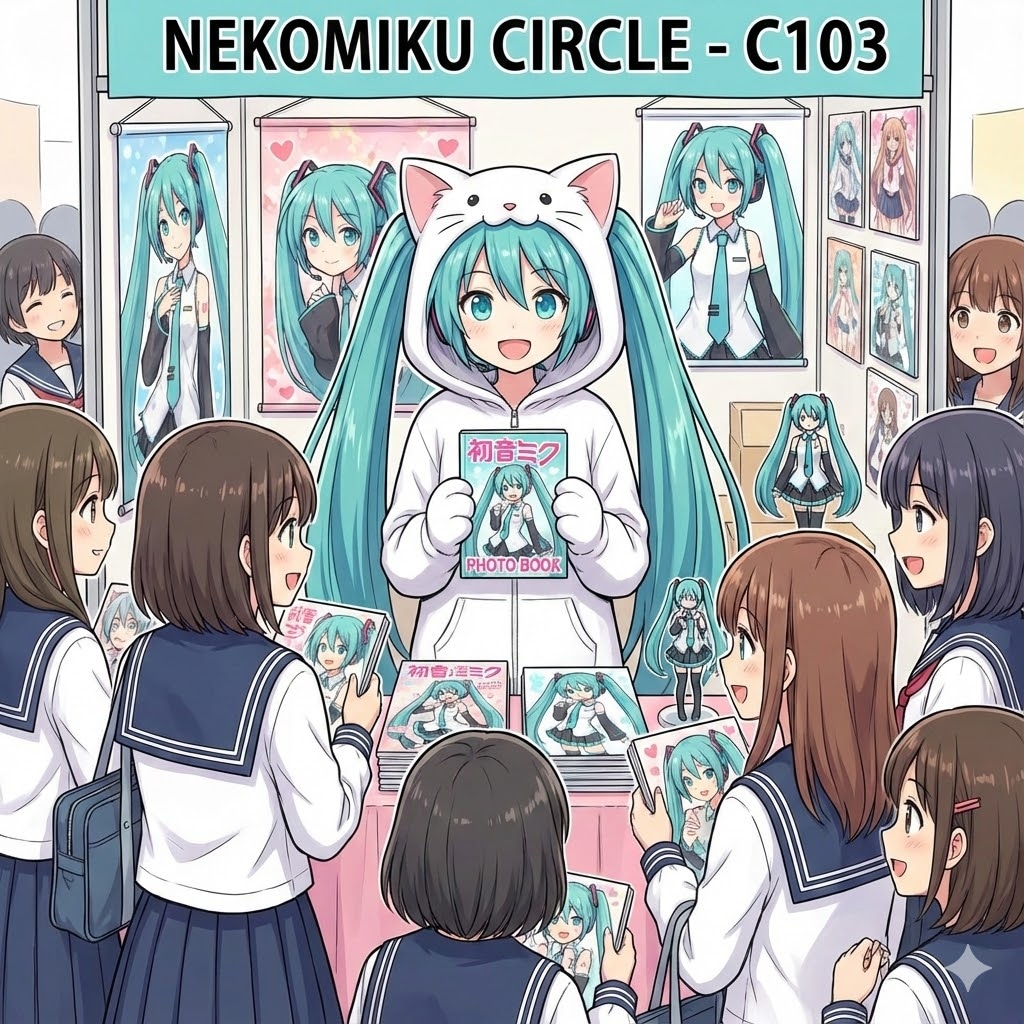 猫の着ぐるみでイラストを売るミクさん