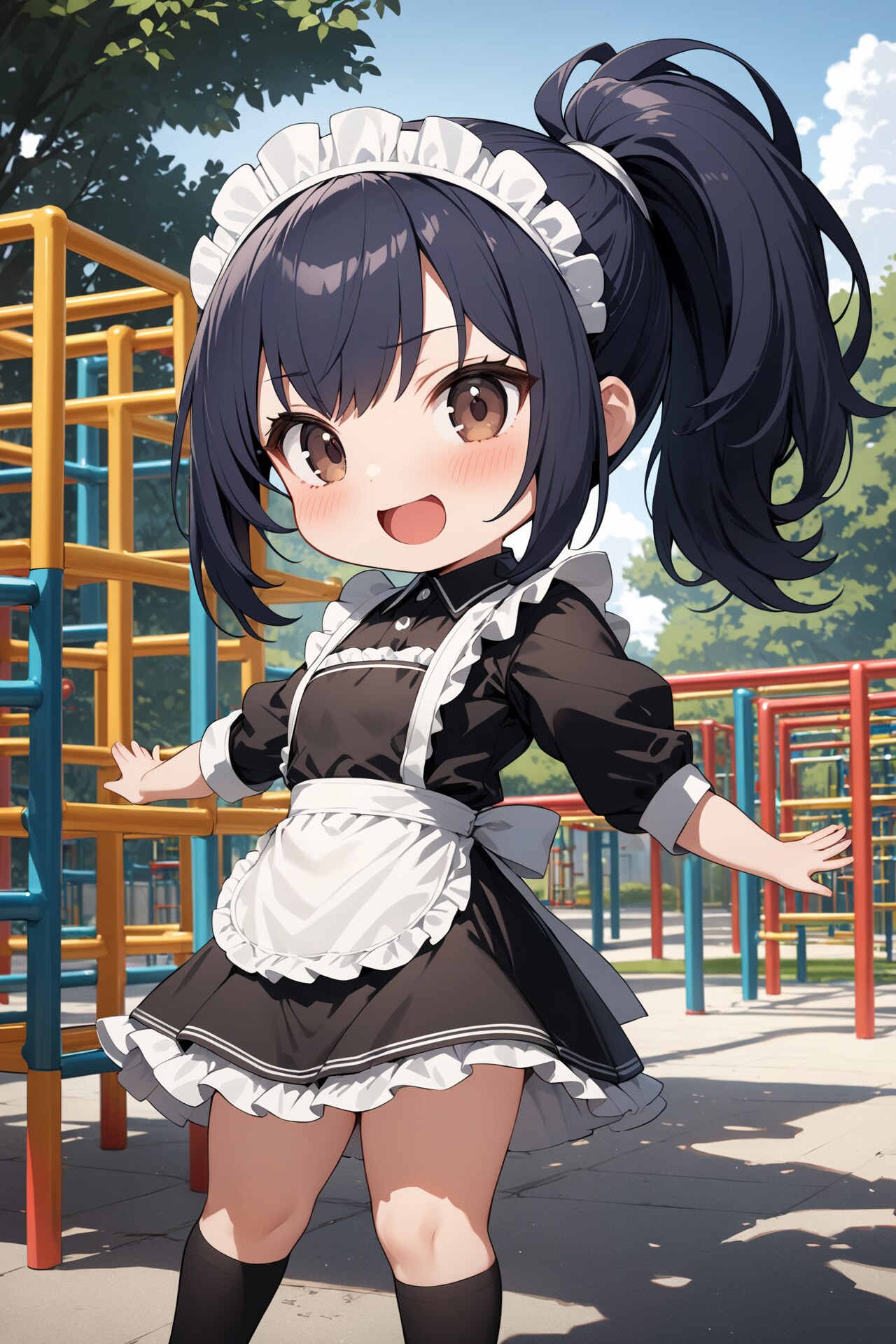 公園で無邪気に遊ぶちびキャラメイドさん Y630 | の人気AIイラスト・グラビア