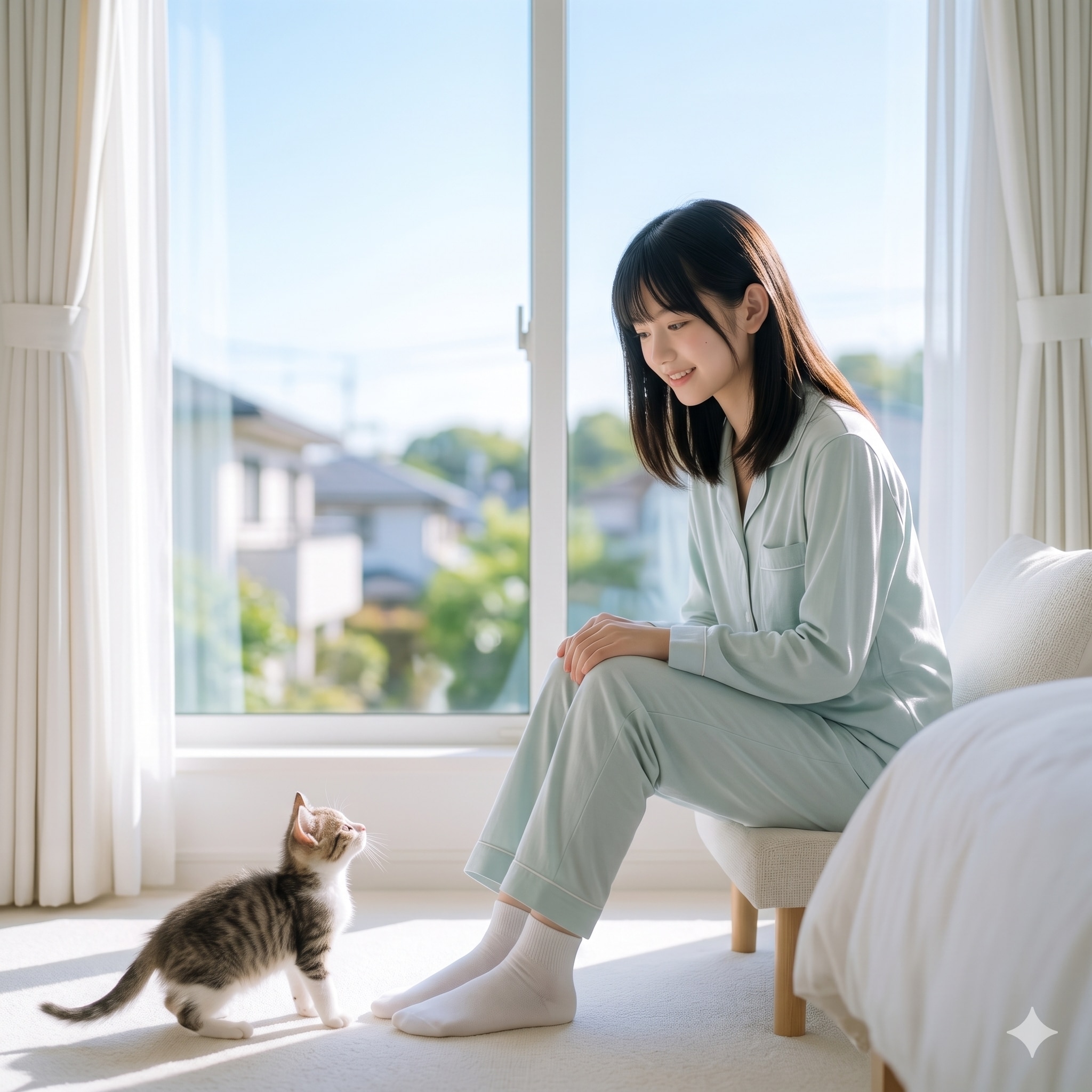 普通の美少女　朝の自室・子猫
