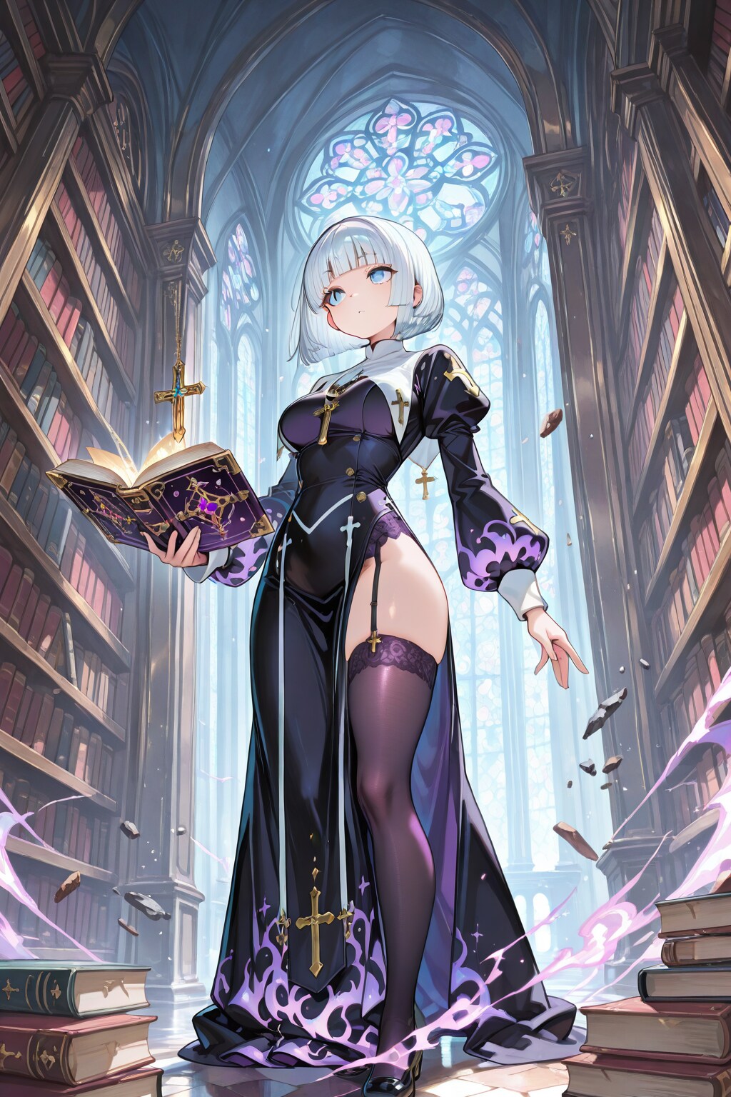 魔導書を読む白髪光莉ちゃん(僧侶)