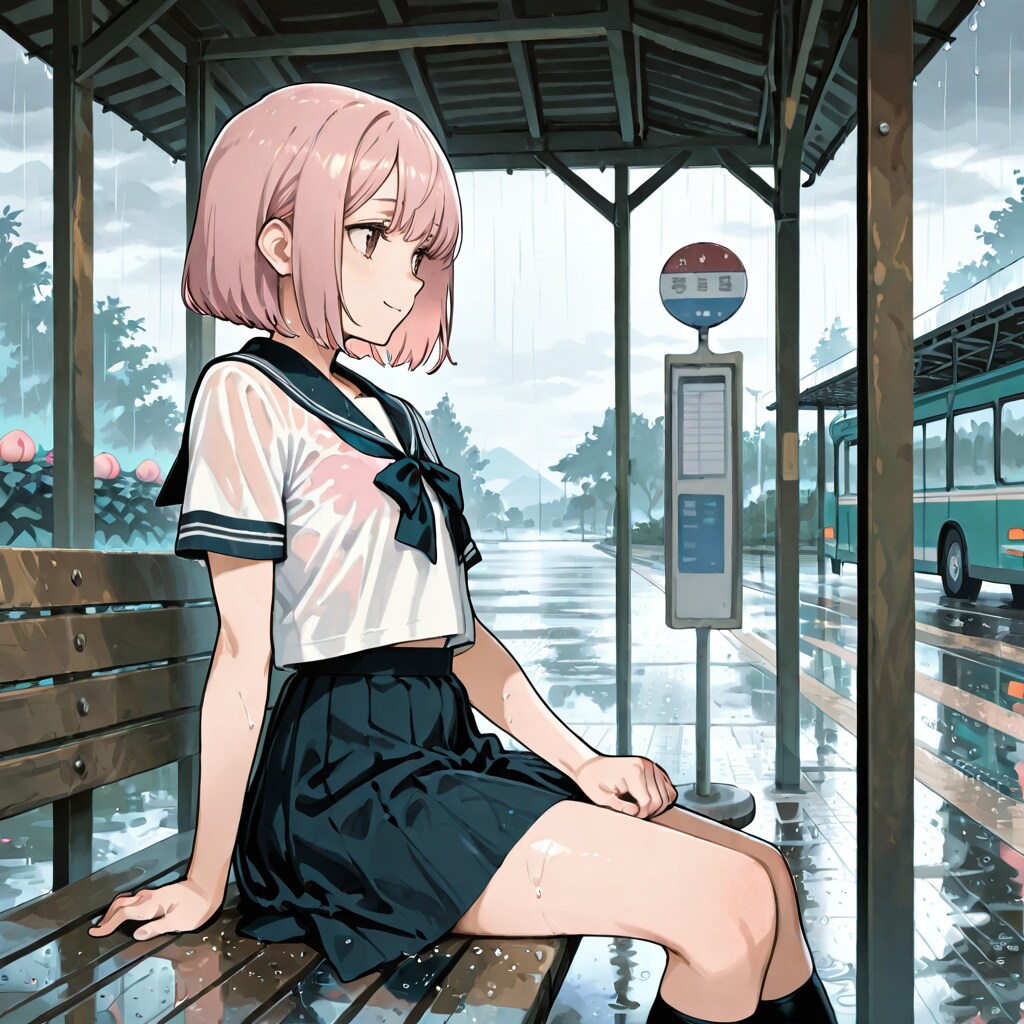 雨のバス停 | の人気AIイラスト・グラビア
