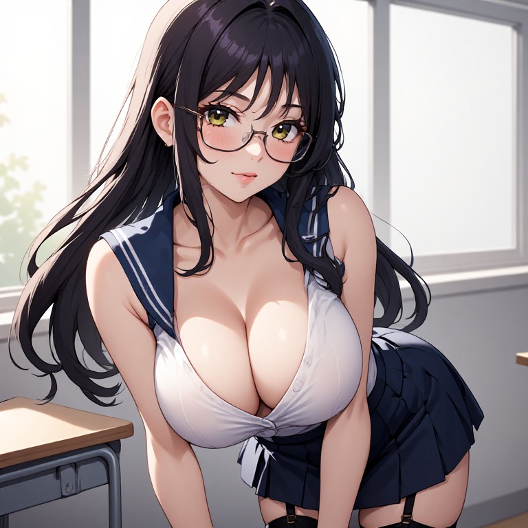 黒髪メガネ　スリーブレス