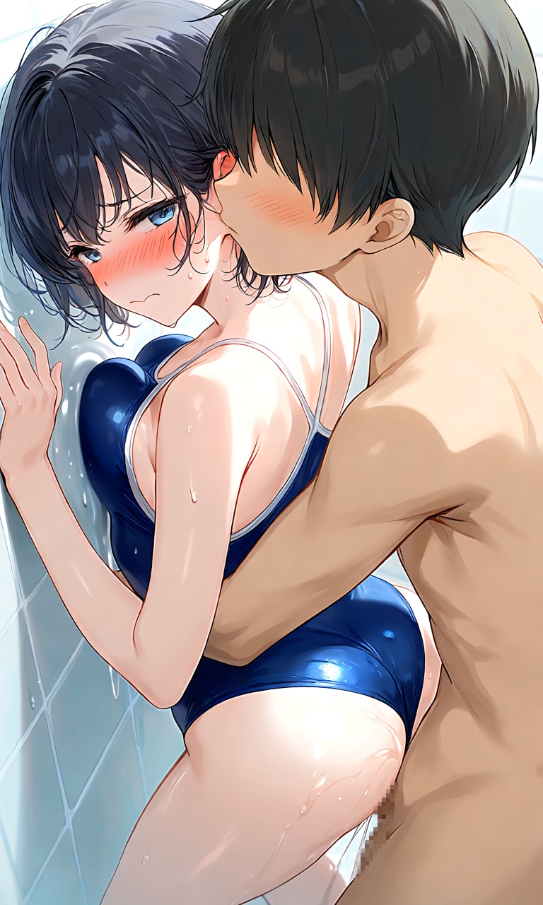 スク水姿の幼馴染に後ろからキスの雨