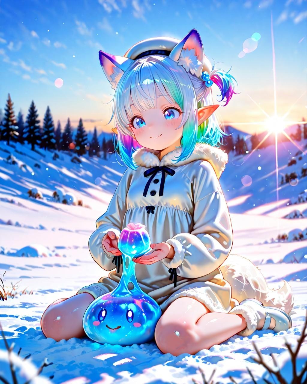 4枚）雪とケモ耳エルフさん