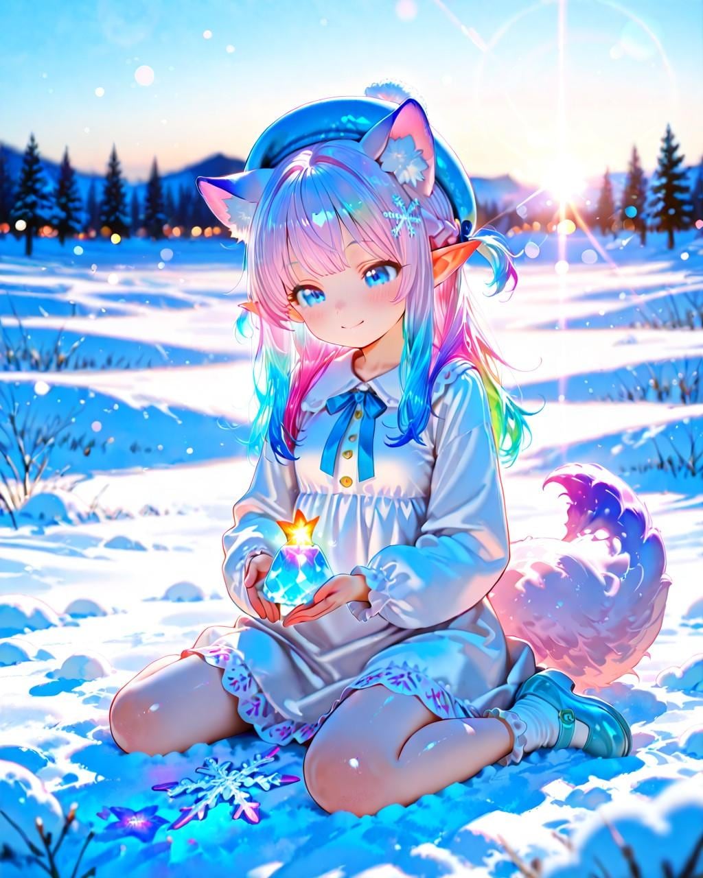 4枚）雪とケモ耳エルフさん