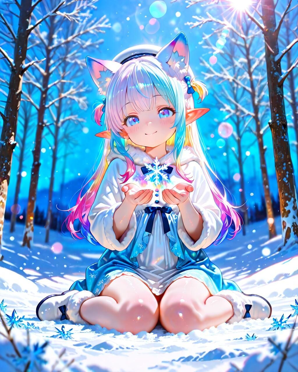 4枚）雪とケモ耳エルフさん