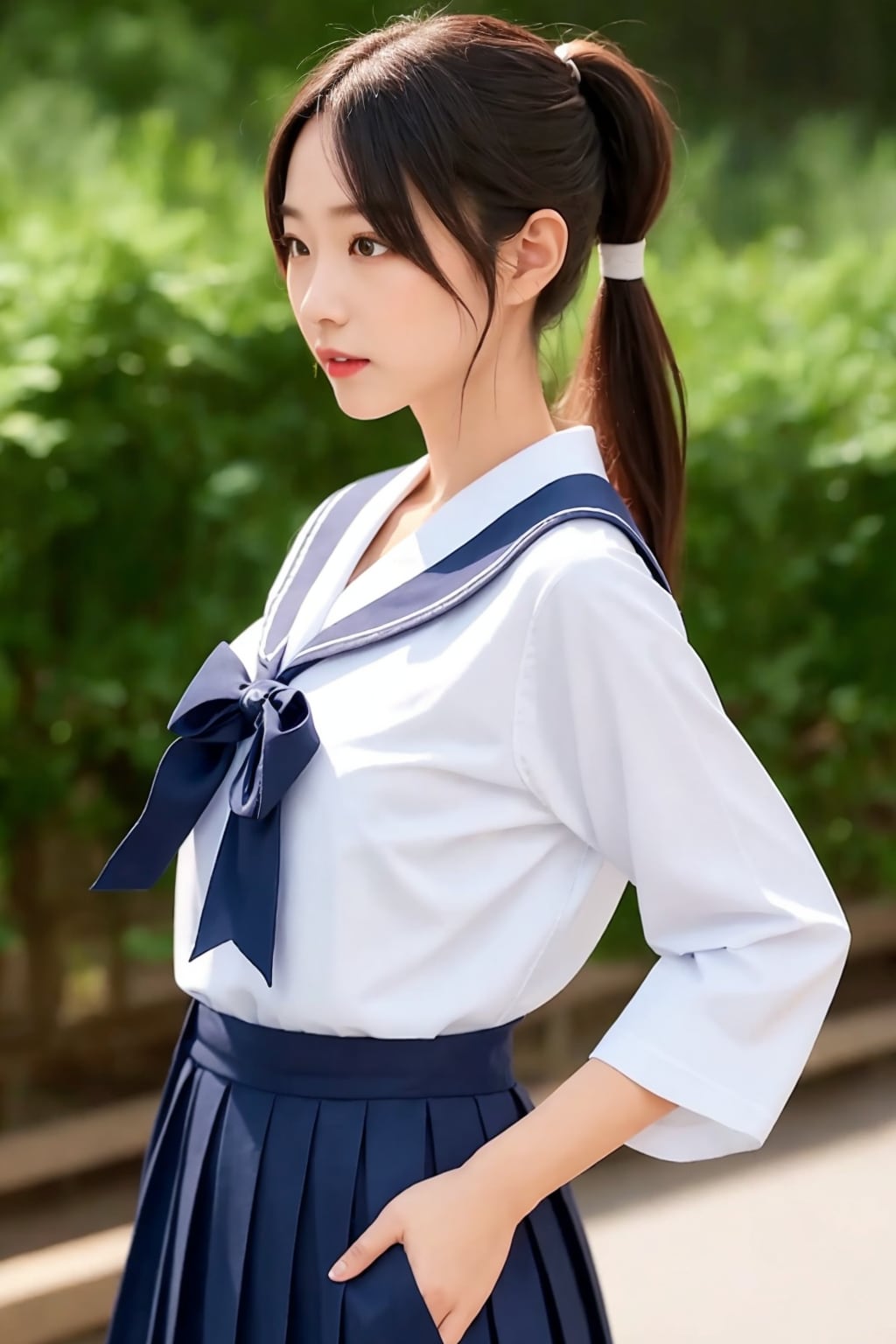 「日本の学校の長いスカートのセーラー服を着た長い黒髪をポニーテールに結った美少女」