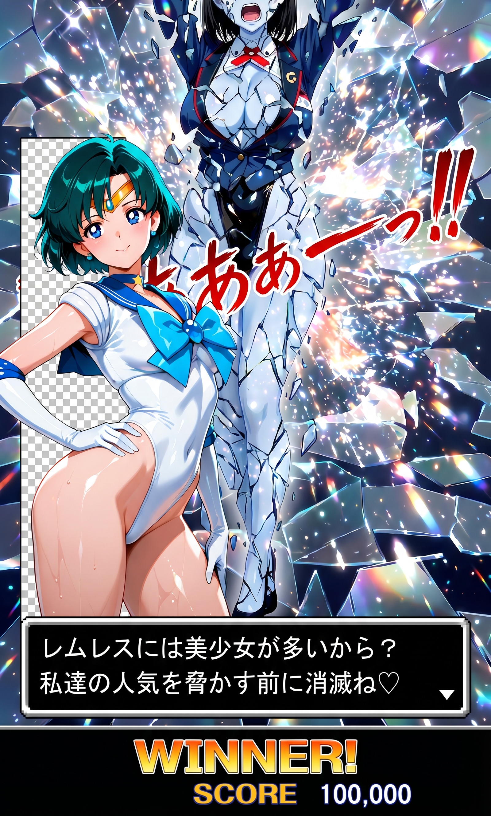 昔の量産型スマホゲーの敵（ハイレグ女怪人）撃破！勝利画面♪・・（良く言えば気楽で時間つぶしに最適♪悪く言えば安っぽい💦・・そんな頃のゲームをイメージｗｗ）