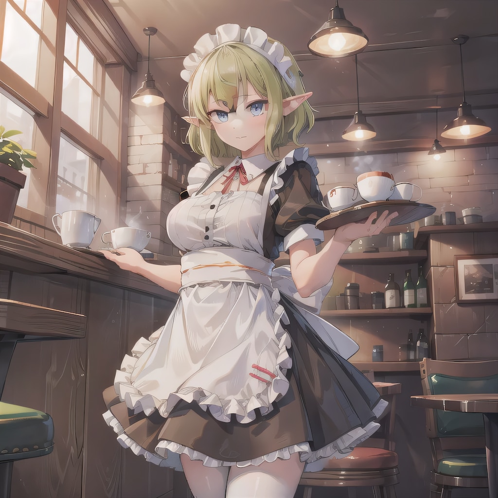 緑髪ボブでカフェの少女