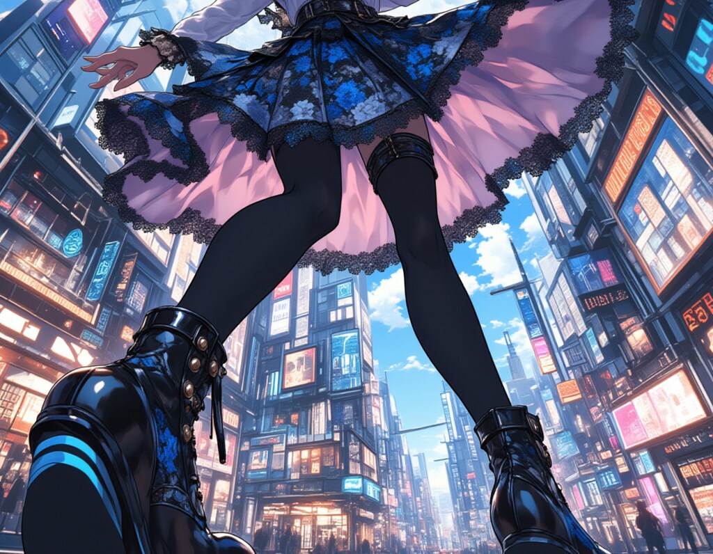 ゴシックロリータ・シティストリート：ダイナミックアングルのファッションイラスト