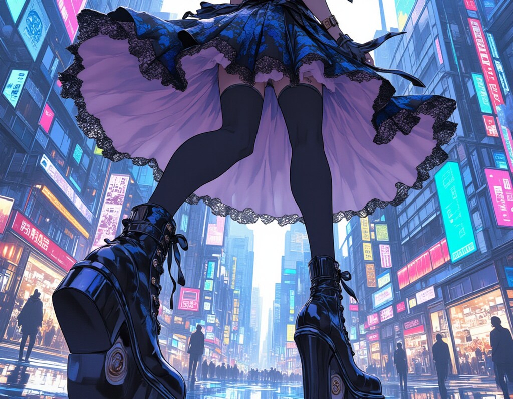 ゴシックロリータ・シティストリート：ダイナミックアングルのファッションイラスト