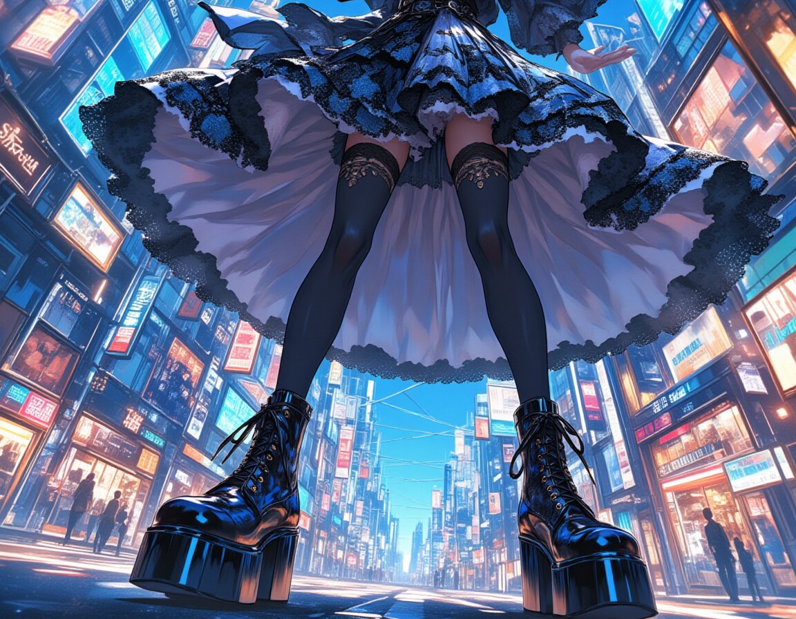 ゴシックロリータ・シティストリート：ダイナミックアングルのファッションイラスト | の人気AIイラスト・グラビア