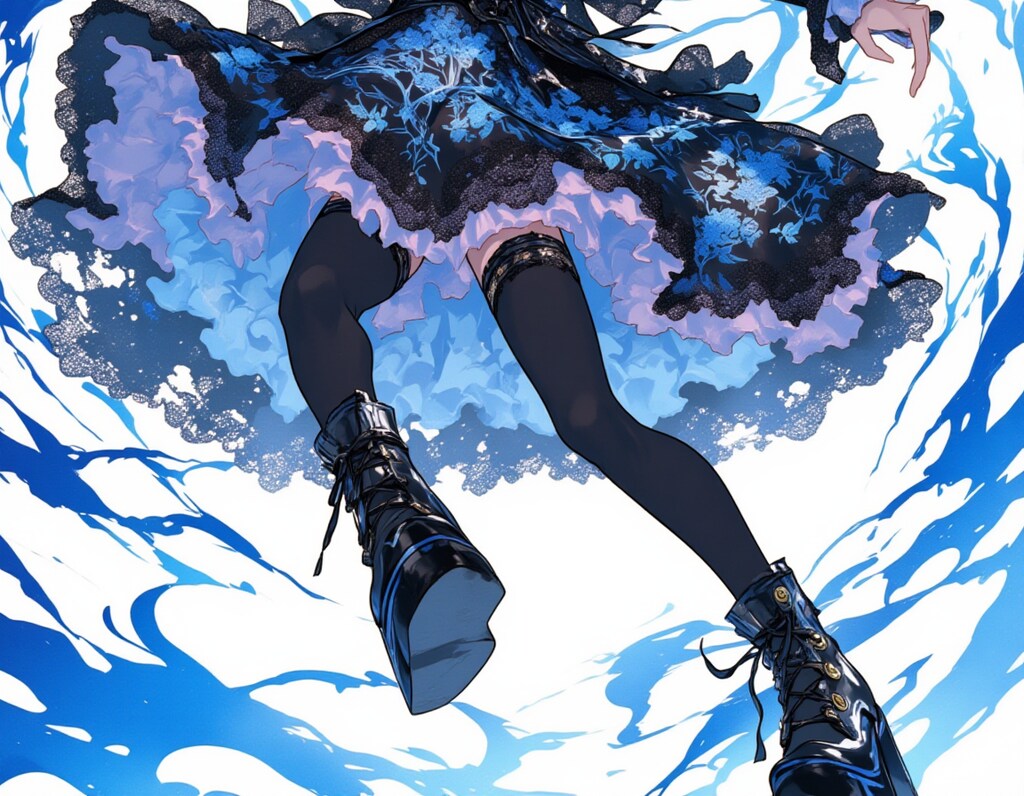 ゴシックロリータ・シティストリート：ダイナミックアングルのファッションイラスト