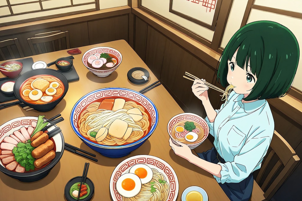 ラーメンを食べる女の子