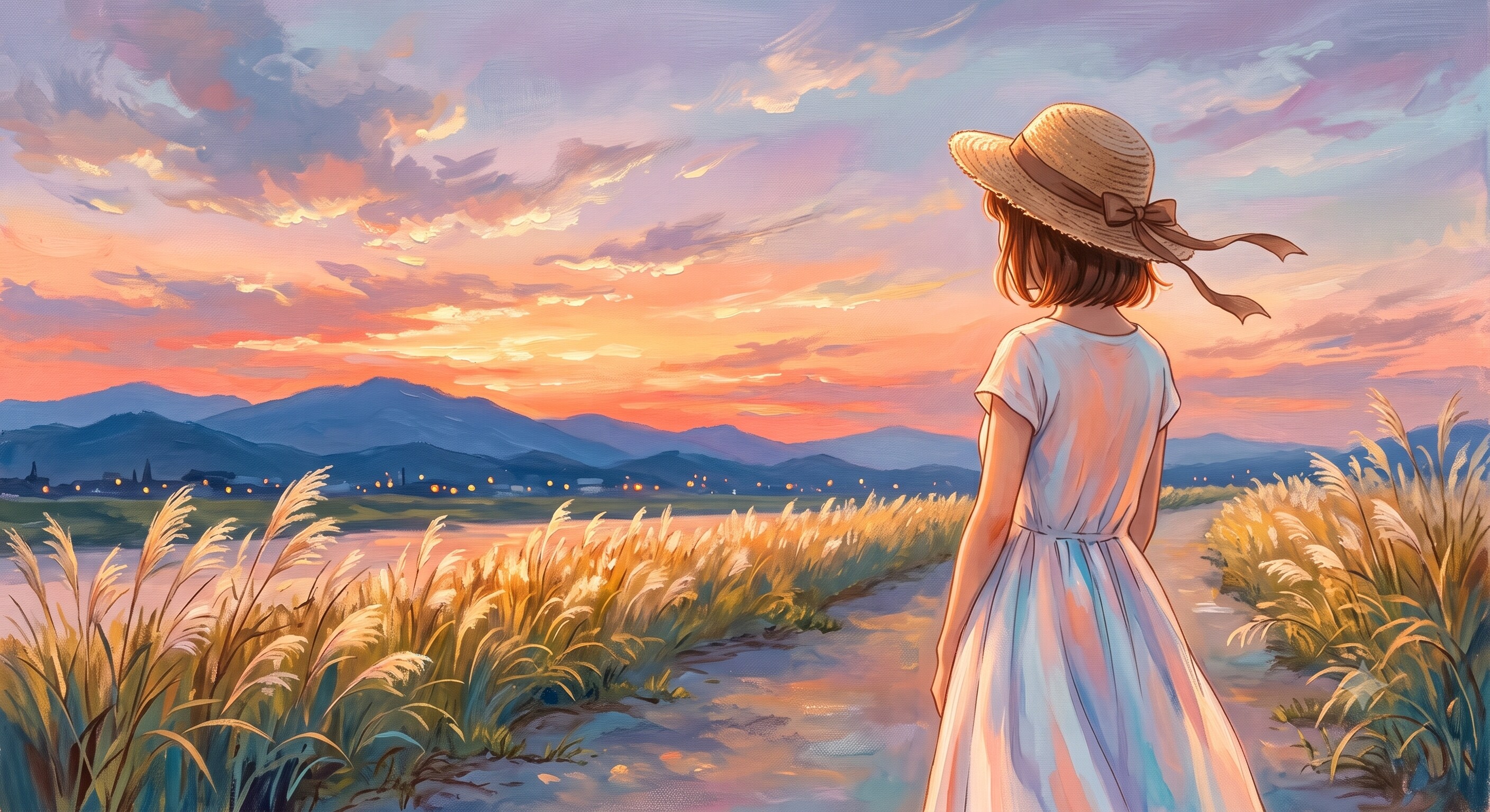 残照の詩 ―麦わら帽子と少女―　★印象派系イラスト（AI併用作品）★