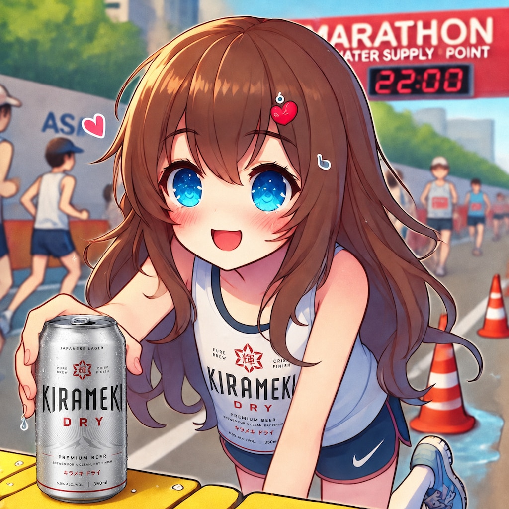 マラソンで給水所に来た小さな女の子