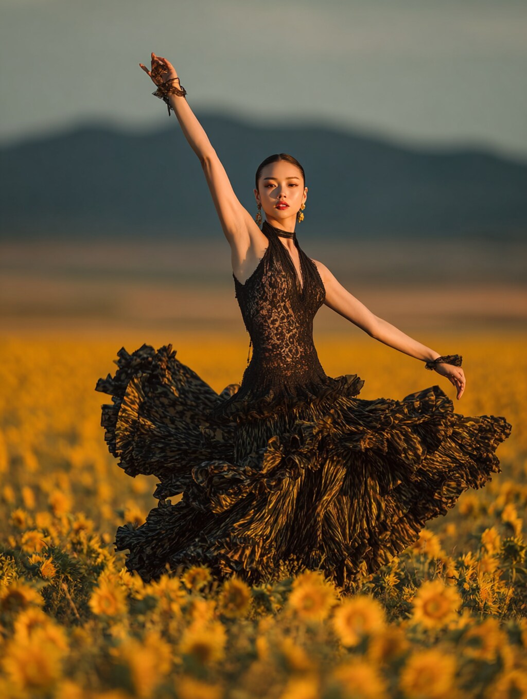 ひまわり畑で踊るフラメンコダンサー
