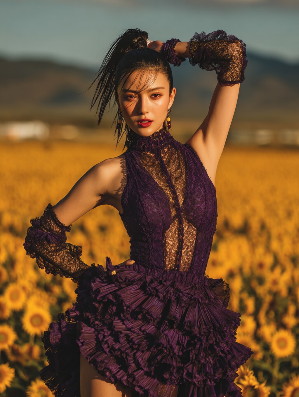 ひまわり畑で踊るフラメンコダンサー