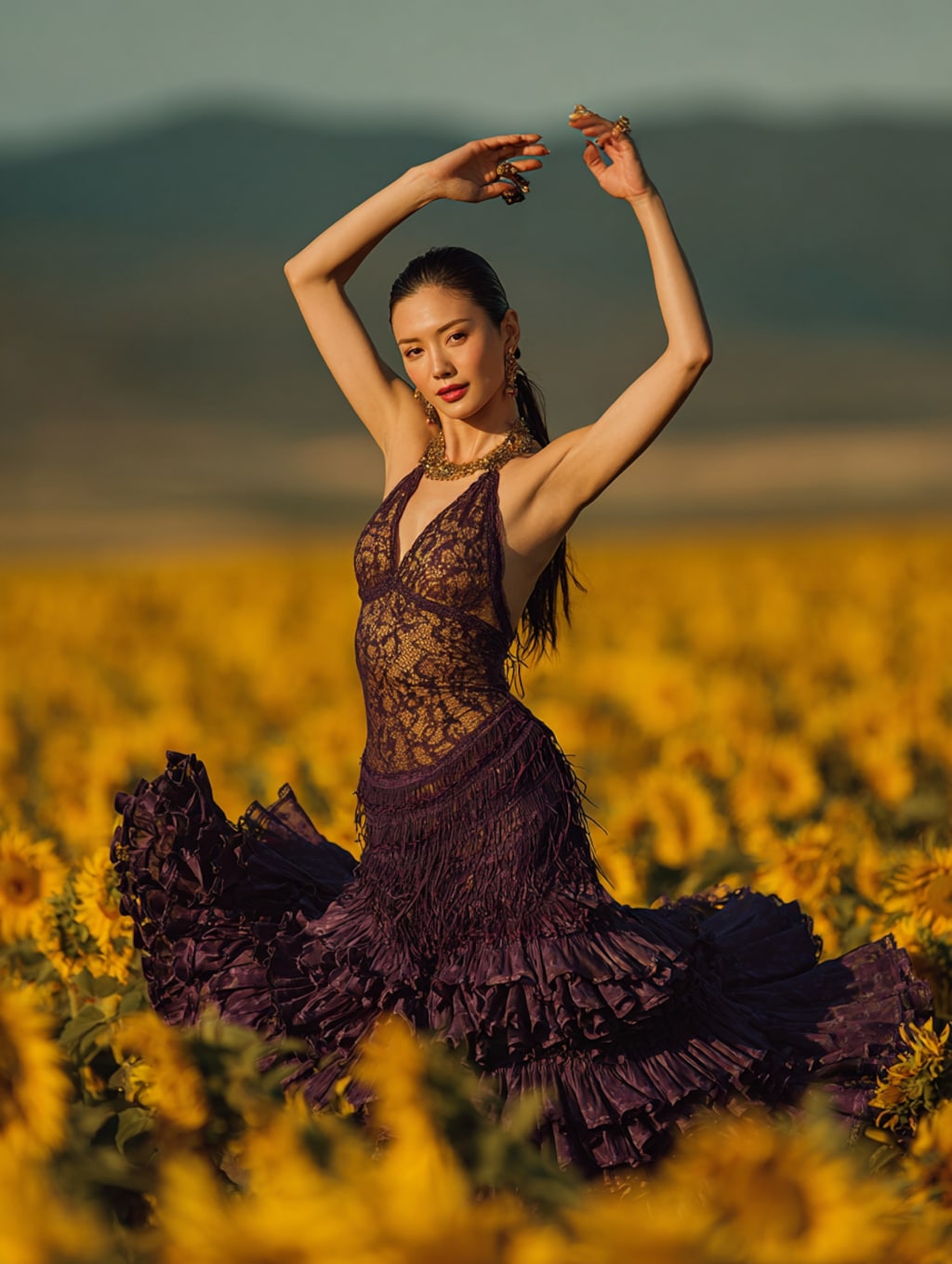 ひまわり畑で踊るフラメンコダンサー