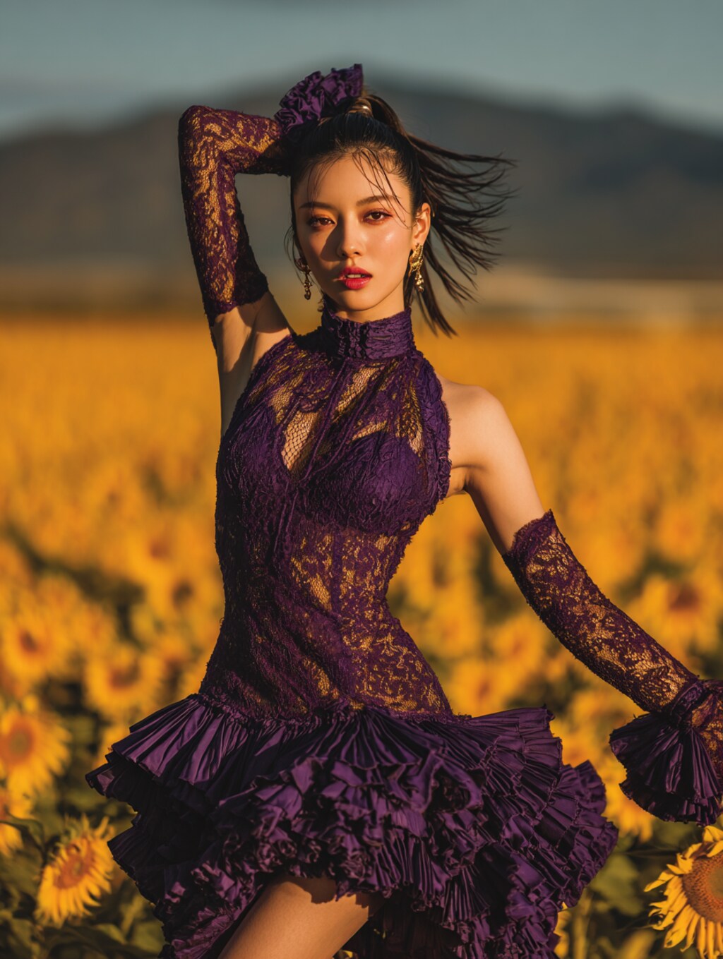 ひまわり畑で踊るフラメンコダンサー