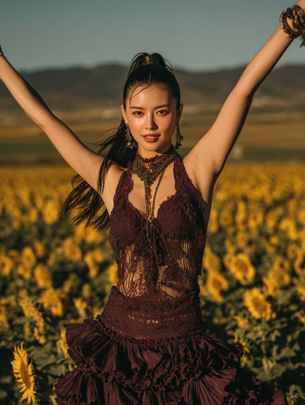 ひまわり畑で踊るフラメンコダンサー
