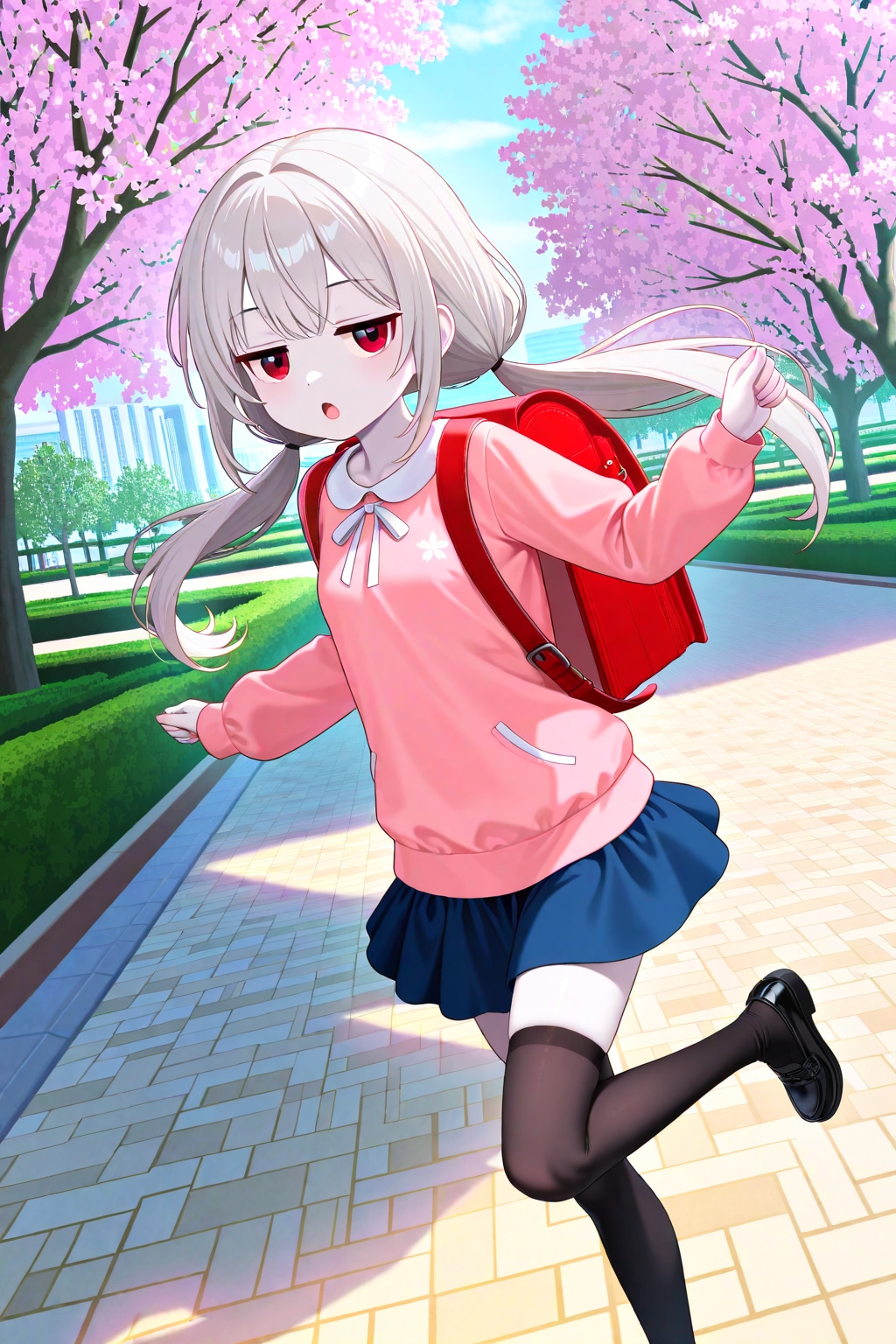 桜並木の下でスキップするアイちゃん