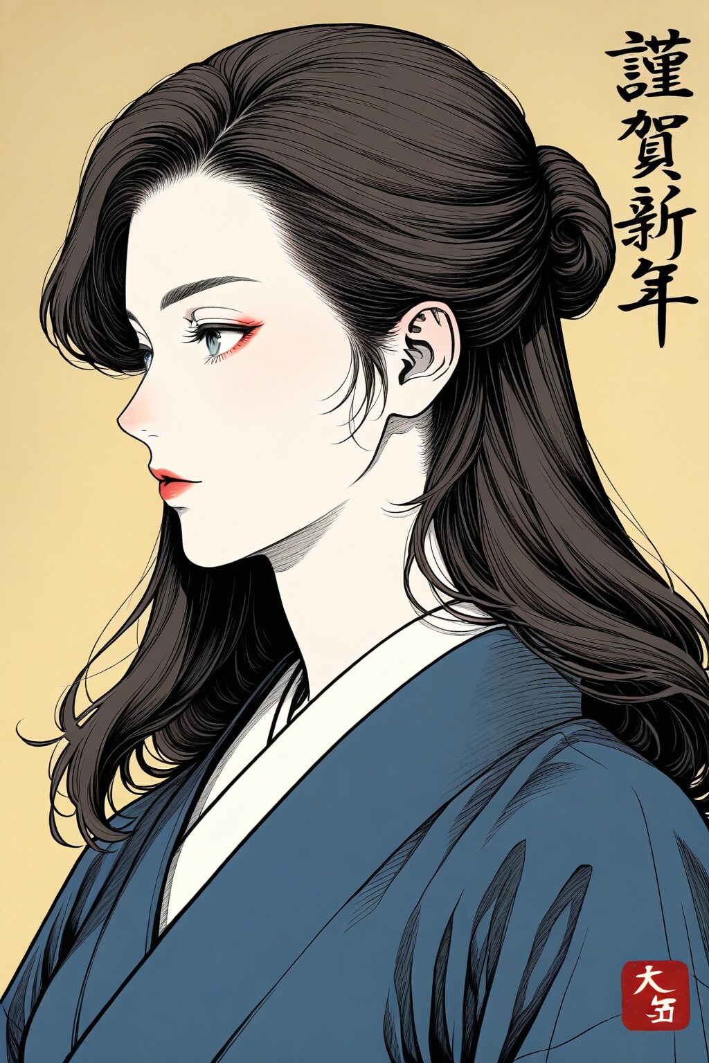 超絶細筆で極めて精細に描画した上海美人の浮世絵風ポートレート