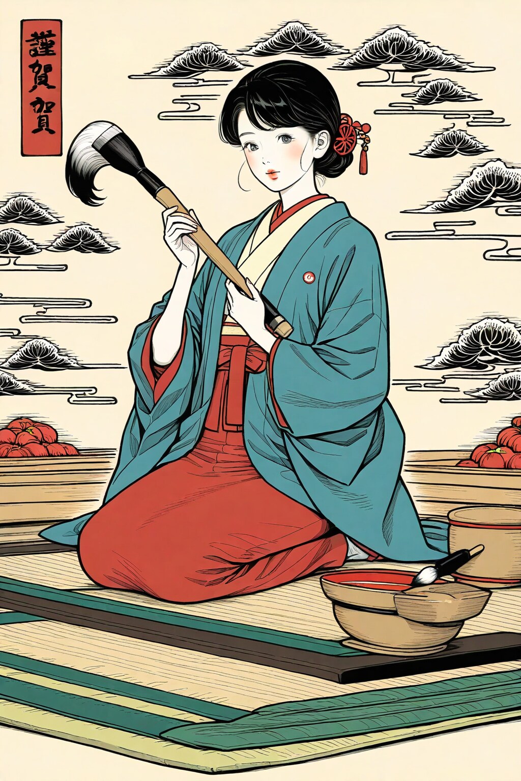 超絶細筆で極めて精細に描画した上海美人の浮世絵風ポートレート