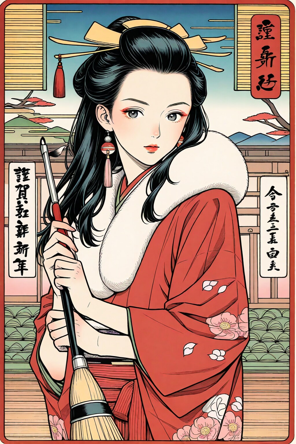 超絶細筆で極めて精細に描画した上海美人の浮世絵風ポートレート