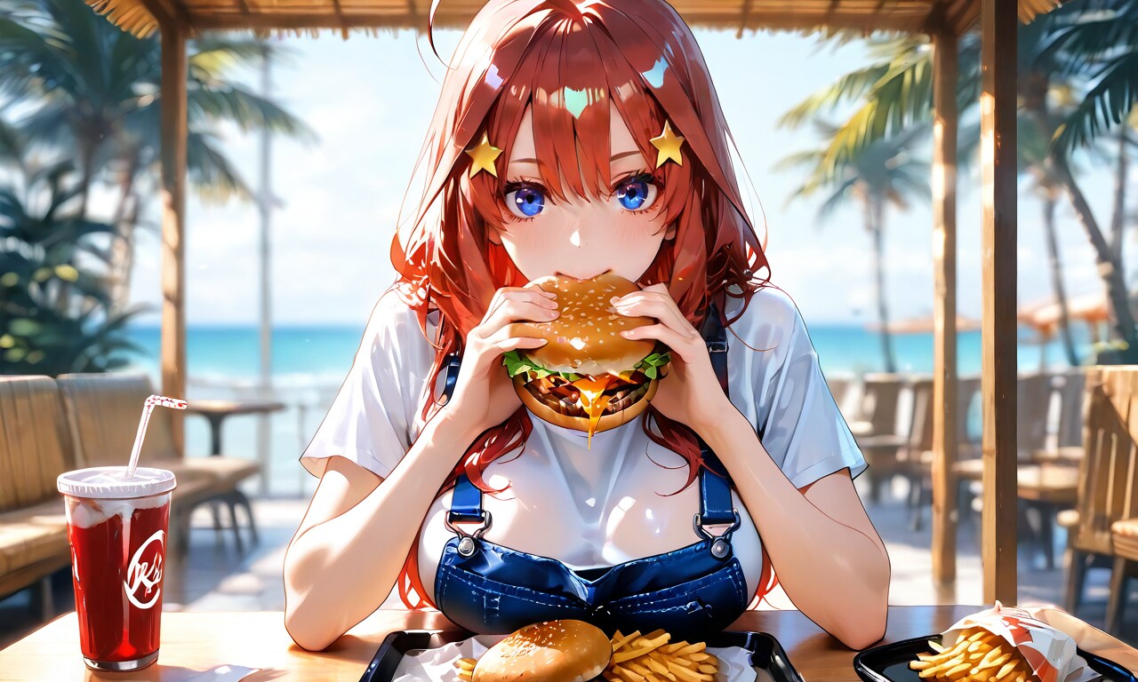 海辺のバーガー店、中野五月が無防備にかぶりつく昼下がり