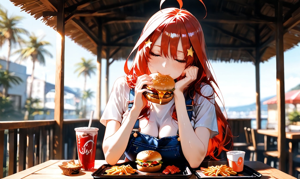 海辺のバーガー店、中野五月が無防備にかぶりつく昼下がり