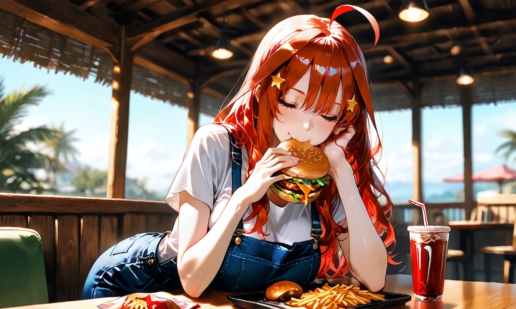 海辺のバーガー店、中野五月が無防備にかぶりつく昼下がり