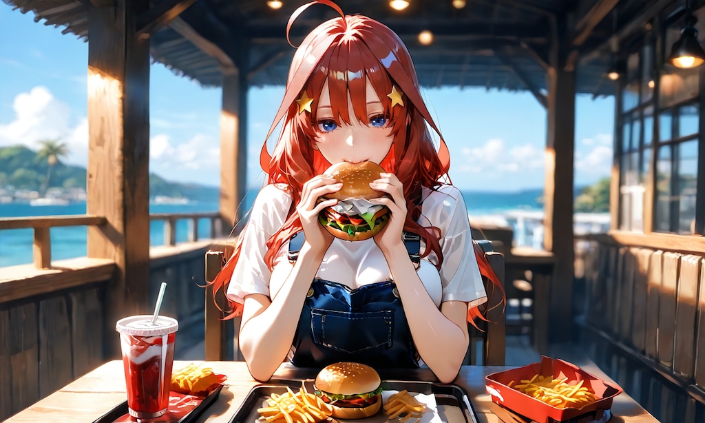 海辺のバーガー店、中野五月が無防備にかぶりつく昼下がり