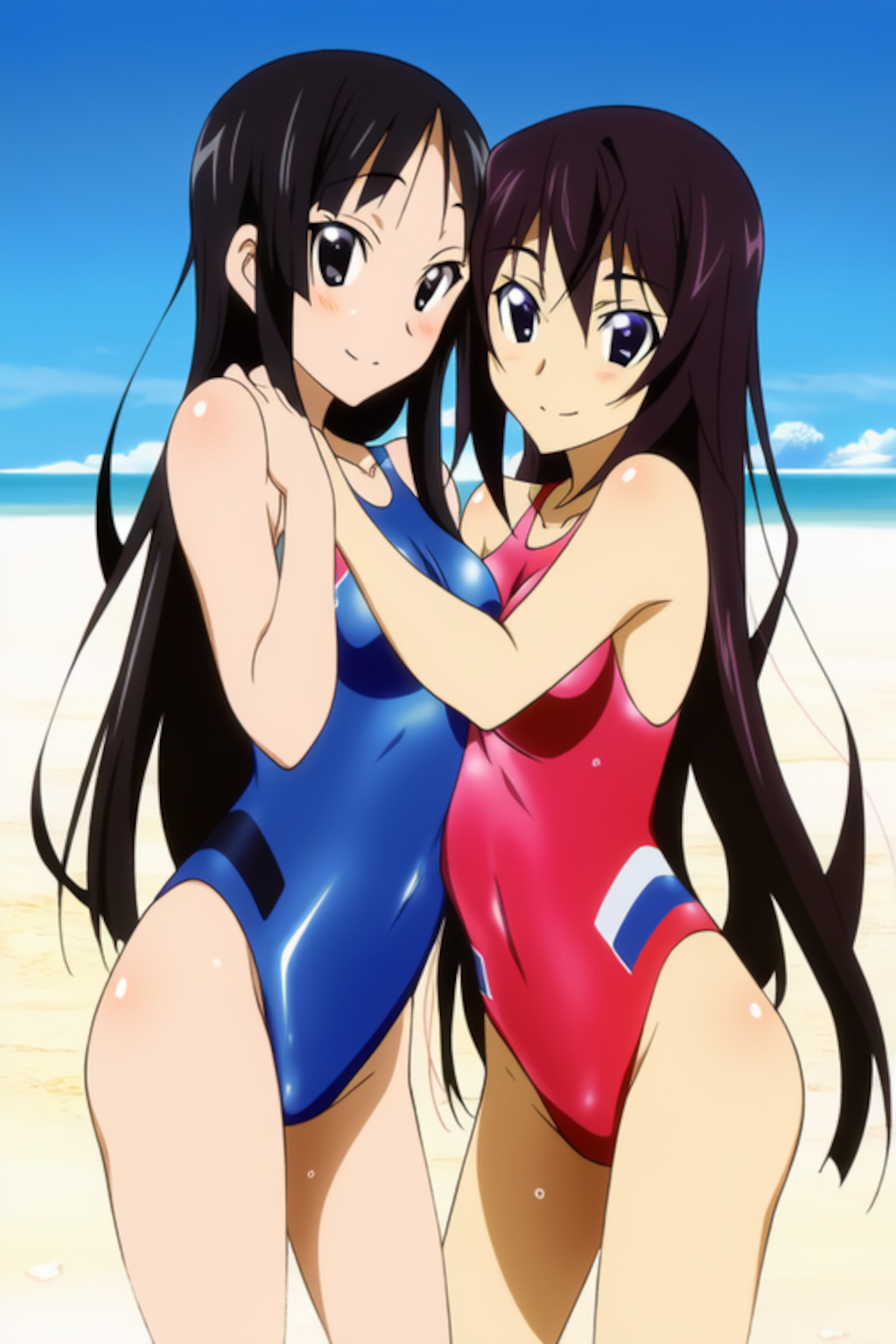 秋山澪と篠ノ之箒の競泳水着姿