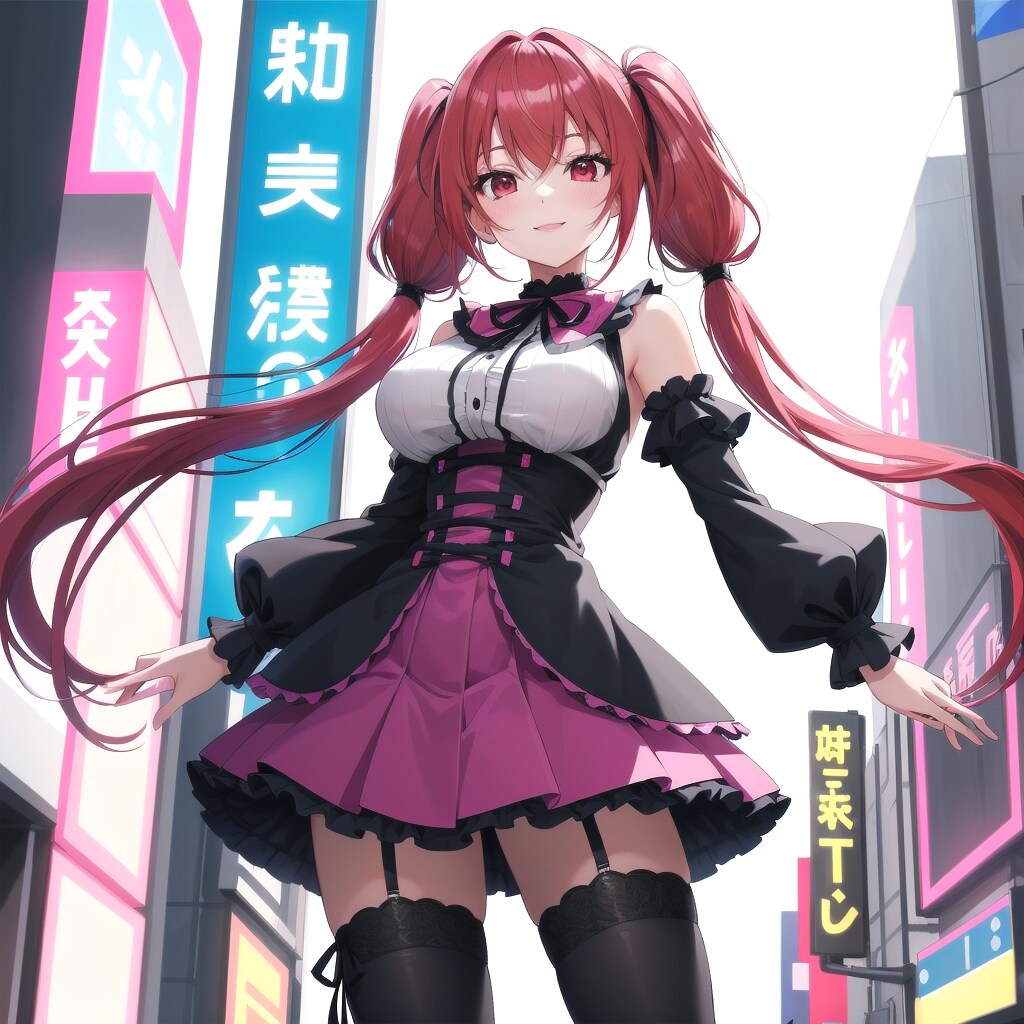 ネオン街を観光してるツインテールの女の子